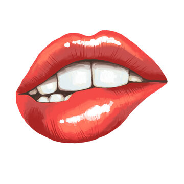 Sexy juicy woman lips with glossy lipstick. Open mouth with beautiful teeth talking, laughing, smiling, kissing. Hand drawn colourful realistic isolated illustration. Old style drawing.