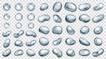 Set of realistic translucent water drops in gray colors in various shapes, isolated on transparent background. Transparency only in vector format