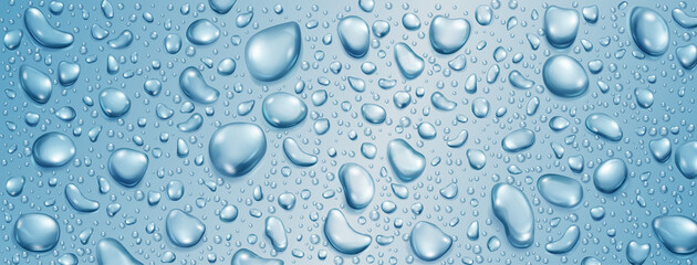 Background of big and small realistic water drops in light blue colors