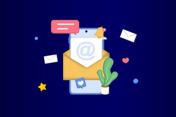 Email marketing template. Digital marketing, e-commerce, social media marketing, business mail, subscribe. 3d vector illustration concept for website and mobile development. Minimalist cartoon style.