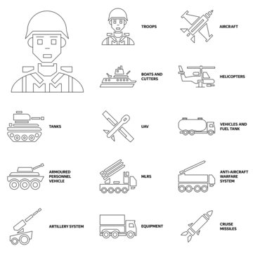 Army and Military Line Icons. Stock Vector