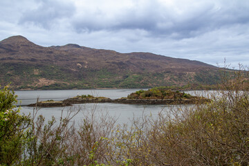 Landscaped view of a small island in a loch in rural Scotland, with Scottish highlands in the background