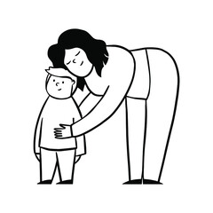 Mom hugs son outline illustration in doodle style.