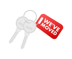 We have moved. Moving office sign with keys. Clipart image isolated on blue background. Vector illustration