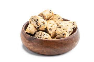 Chocolate chip biscotti cookies in wooden bowl isolated on white