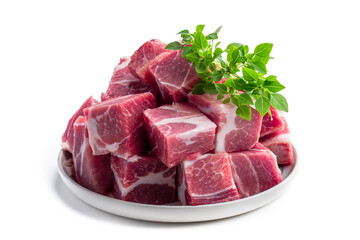 Fresh raw pork in ceramic plate isolated on white