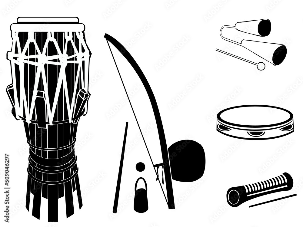 Poster set of musical instruments used in brazilian sport music called capoeira atabaque, berimbau, caxixi,