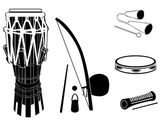 Set of musical instruments used in Brazilian sport music called Capoeira atabaque, berimbau, caxixi, agogo, tambourine and reco-reco. Vector illustration used on white background