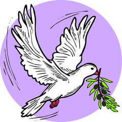 Dove of peace flying with green olive branch. White pigeon is holly spirit, love, freedom. Bird and plant are nature elements. Hand drawn retro vintage vector illustration. Old style cartoon drawing. 
