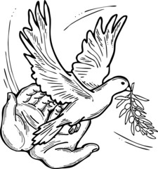 White dove of peace in our hands. Two palms care for peaceful world. Lives matter. Anti war symbol. Sign of love, hope, freedom. Hand drawn retro vintage vector illustration. Old style cartoon drawing