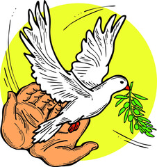 White dove of peace in our hands. Two palms care for peaceful world. Lives matter. Anti war symbol. Sign of love, hope, freedom. Hand drawn retro vintage vector illustration. Old style cartoon drawing