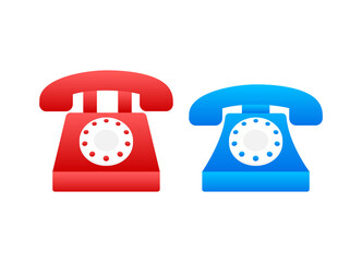 Red old phone in classic style on white background. Cartoon vector illustration