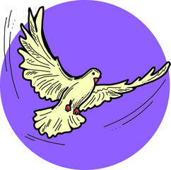 White dove is symbol of peace, hope, love in the world. Flying pigeon like holy spirit brings freedom, joy, grace. Hand drawn retro vintage vector illustration. Old style comics cartoon line drawing.