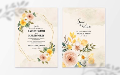 Set of Rustic Flower Watercolor Floral With Abstract Stain Wedding Invitation