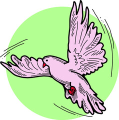 White dove is symbol of peace, hope, love in the world. Flying pigeon like holy spirit brings freedom, joy, grace. Hand drawn retro vintage vector illustration. Old style comics cartoon line drawing.