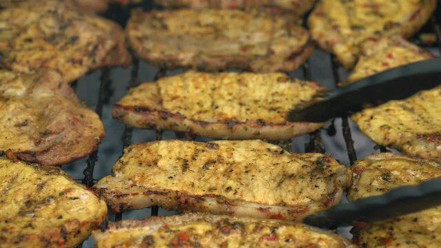 Spicy Pork Beef Bacon Being Grilled Over Bright Glowing Coals Broasting On Fire. Lunch celebration Party Barbecue. Outdoor Cooking. Cook Prepares Oriental Dish In Kitchen. Junk Food, Healthy Lifestyle