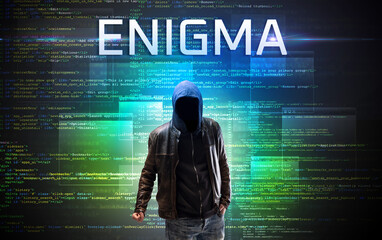 Faceless hacker on code background