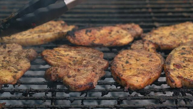 Spicy Pork Beef Bacon Being Grilled Over Bright Glowing Coals Broasting On Fire. Lunch celebration Party Barbecue. Outdoor Cooking. Cook Prepares Oriental Dish In Kitchen. Junk Food, Healthy Lifestyle
