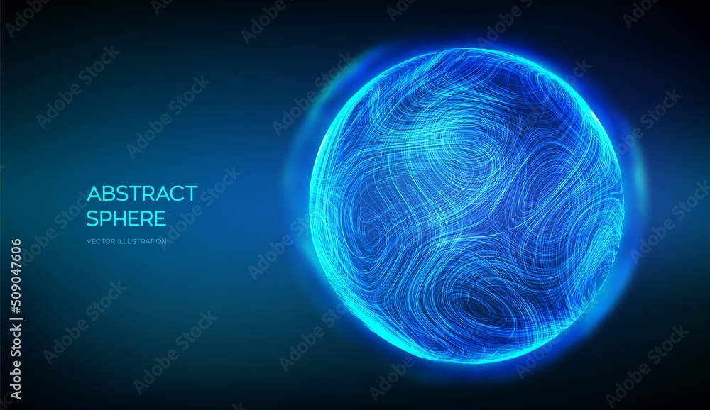 Poster abstract sphere on blue background. 3d blue energy ball. ultra thin line fluid geometry. dynamic dis