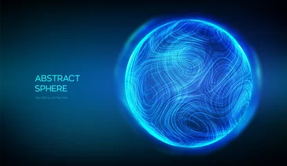 Fotobehang Abstract sphere on blue background. 3d blue energy ball. Ultra thin line fluid geometry. Dynamic distorted sphere. Wave motion particle trails. Futuristic sound or data waveform. Vector illustration. © iuriimotov