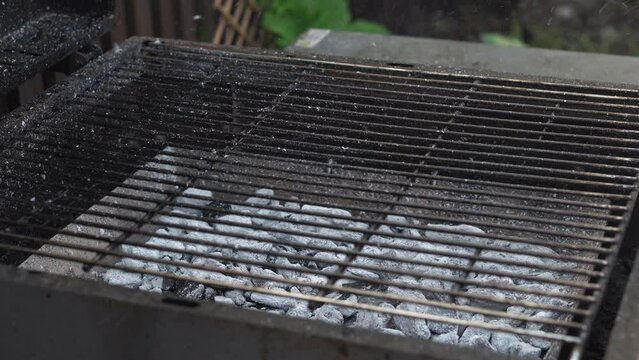 Spicy Pork Beef Bacon Being Grilled Over Bright Glowing Coals Broasting On Fire. Lunch celebration Party Barbecue. Outdoor Cooking. Cook Prepares Oriental Dish In Kitchen. Junk Food, Healthy Lifestyle