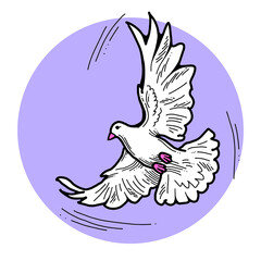 White dove is symbol of peace, hope, love in the world. Flying pigeon like holy spirit brings freedom, joy, grace. Hand drawn retro vintage illustration. Old style comics cartoon line drawing.