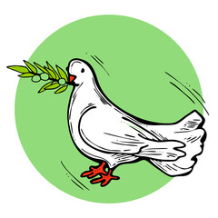 Dove of peace flying with green olive branch. White pigeon is holly spirit, love, freedom. Bird and plant are nature elements. Hand drawn retro vintage illustration. Old style comic cartoon drawing. 