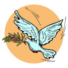 Dove of peace flying with green olive branch. White pigeon is holly spirit, love, freedom. Bird and plant are nature elements. Hand drawn retro vintage illustration. Old style comic cartoon drawing. 