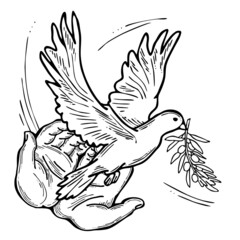 White dove of peace in our hands. Two palms care for peaceful world. Lives matter. Anti war symbol. Sign of love, hope, freedom. Hand drawn retro vintage illustration. Old style cartoon drawing.