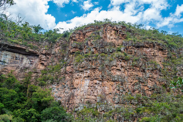 Rocky mountain wall with vegetation in Chapada Diamantina in the interior of Bahia state, Brazil