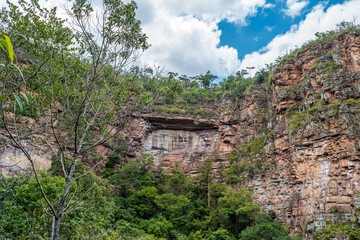 Fault geology of the rock wall of a mountain with sedimentary formation in Chapada Diamantina, in the state of Bahia, Brazil