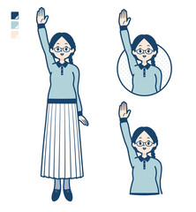眼鏡をかけた女性が手を挙げているイラスト