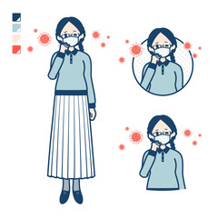 眼鏡をかけた女性がマスクをつけてせきこんでいるイラスト