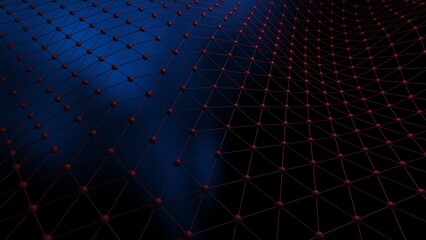 Red Mathematical Geometric Abstract Wave Dots-Line Grid under Black-Blue Spot Lighting Background. Conceptual image of technological innovations, strategies and revolutions . 3D illustration. 3D CG.