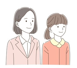 一緒に上を見上げる女性教師と私服姿の女子学生