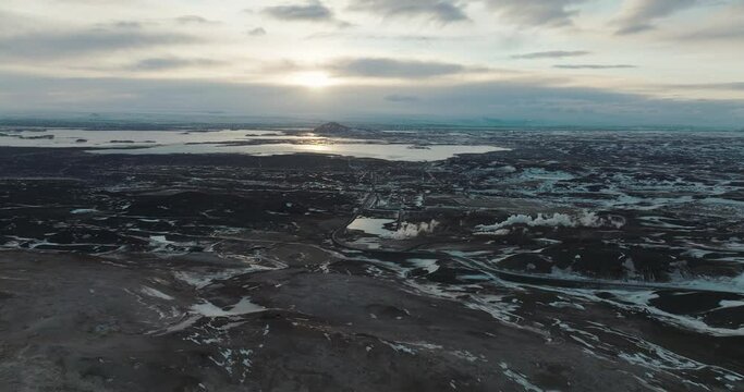 Aerial View of Myvatn Lake from Hverfjall Volcanic Crater at Sunset