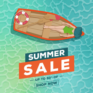 Summer sale, social post, woman sunbathing in a row boat on water