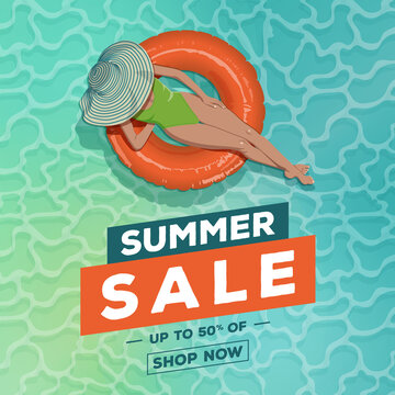 Summer sale, social post, woman sunbathing in a rubber ring on water