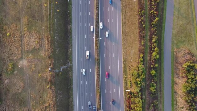 Aerial drone footage of traffic on a motorway in England.
A2 highway in Kent, UK.