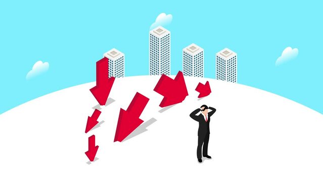 Stressed businessman stand with declining arrow