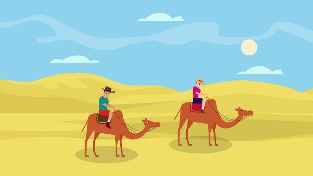 Young couple riding camel on the desert