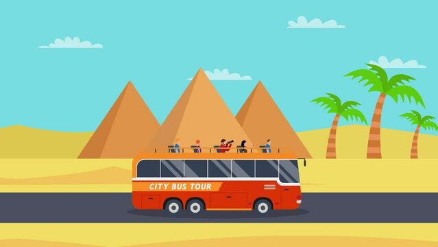 City bus tour moving with pyramid background