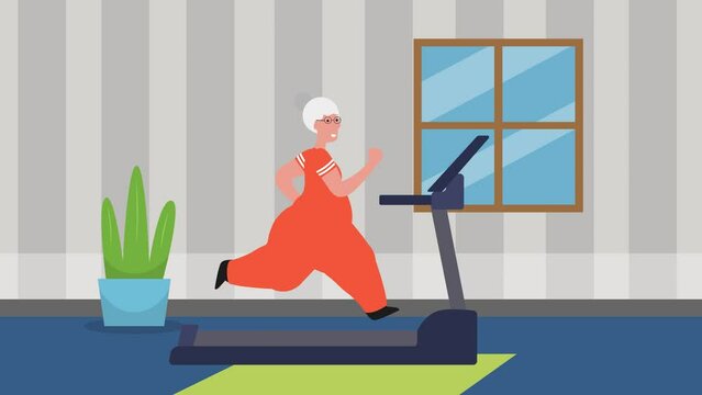Fat old woman running in the treadmill