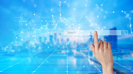 Women hand clicking internet search bar on computer touch screen Blank search bar. Man hand touching search engine optimization, web banner. business and technology concept. copy space banner