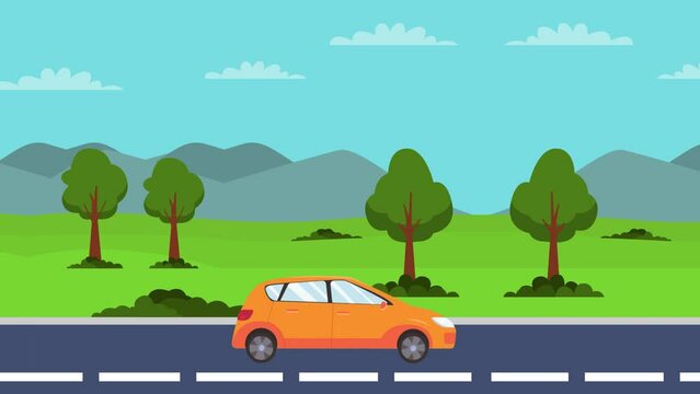 Orange car moving on the countryside road