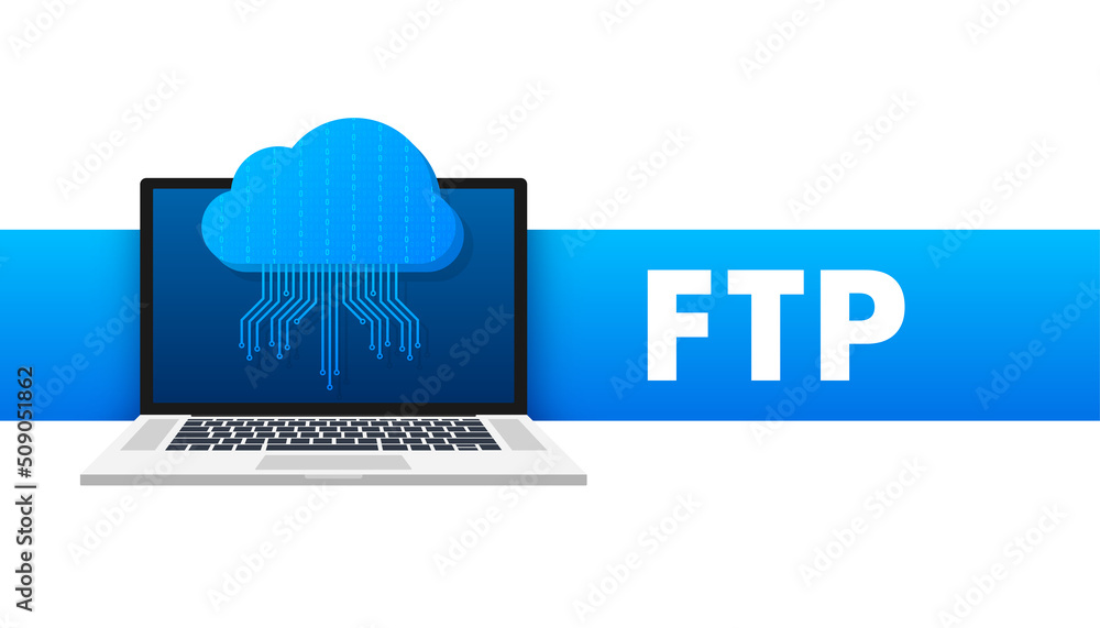 Poster ftp file transfer icon on laptop. ftp technology icon. transfer data to server. vector illustration