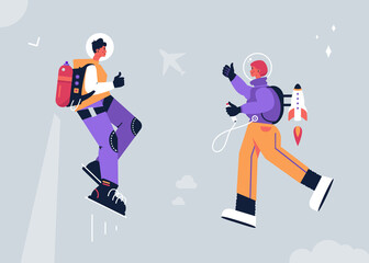 People flying in a jet pack. Man and woman flying in a rocket belt or rocket pack. Wearable device which allows the user to fly by providing thrust. Astronauts in the sky.