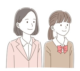 一緒に上を見上げる女性教師と学生服姿の女子学生