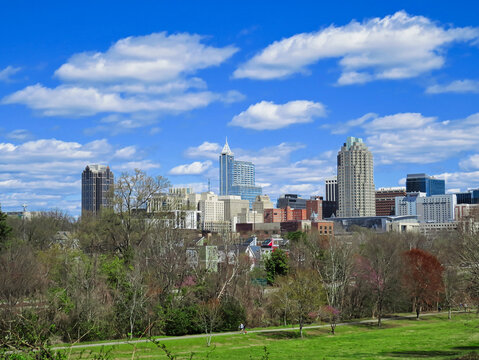 A city skyline of downtown Raleigh, North Carolina in a colorful Spring day.