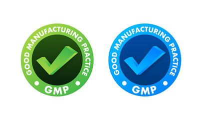 GMP Good Manufacturing Practice certified round stamp. Vector background. Vector logo.